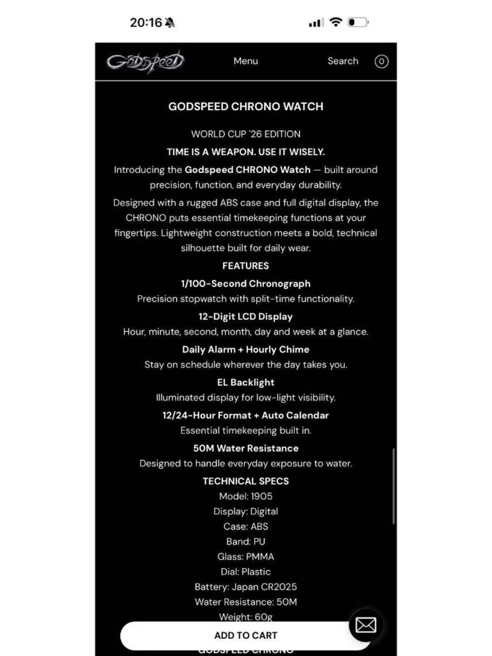 Godspeed GSWC Unity Chrono Black World Cup '26 Digital Watch 1905 w/ Tin